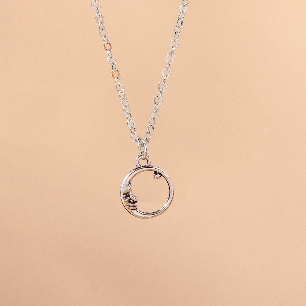 Y2K Silver Crystal Sun & Moon Necklace
