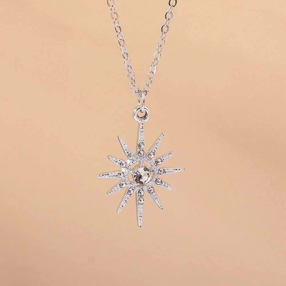 Y2K Silver Crystal Sun & Moon Necklace