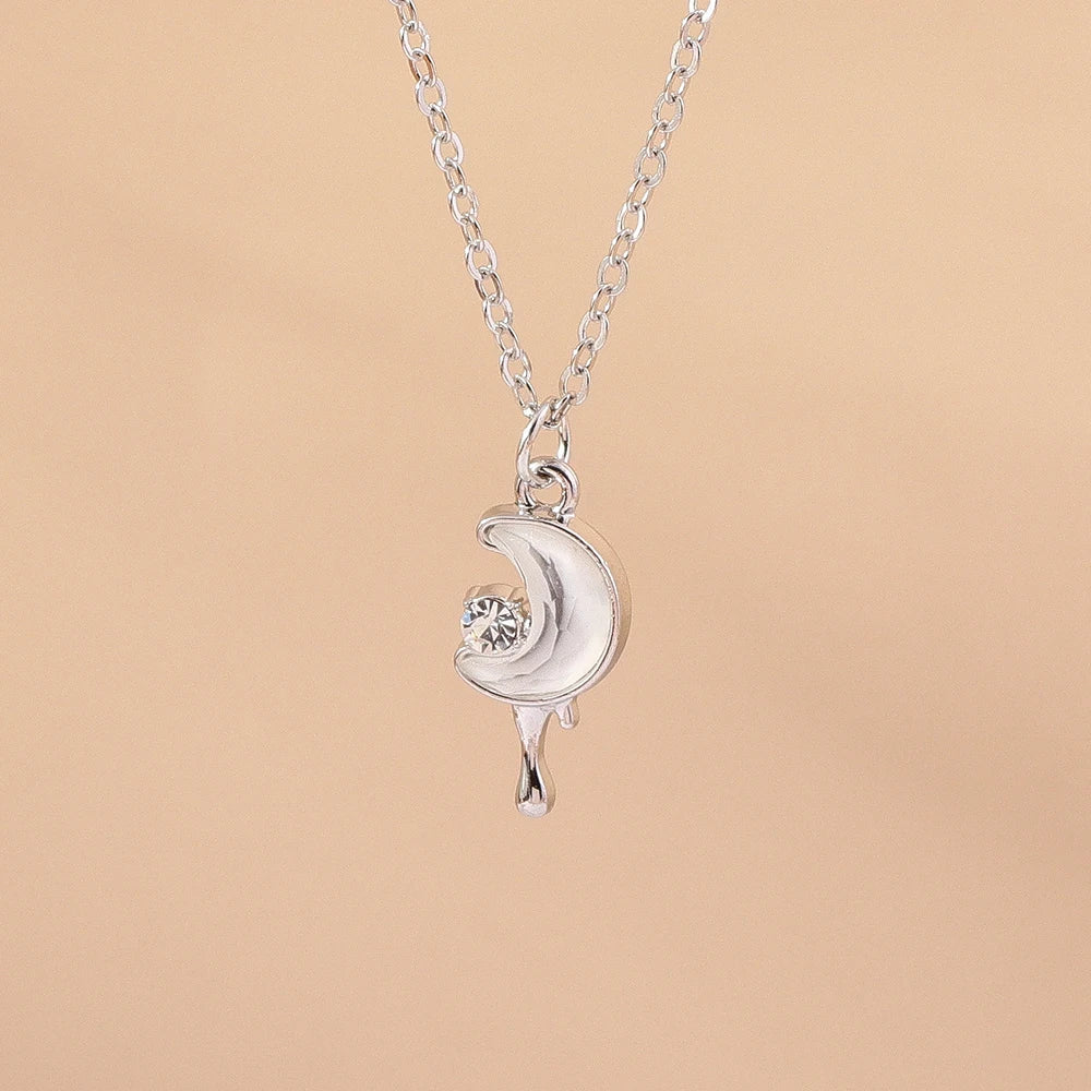 Y2K Silver Crystal Sun & Moon Necklace