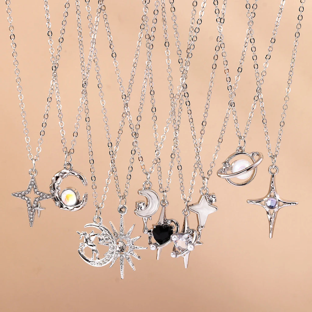 Y2K Silver Crystal Sun & Moon Necklace