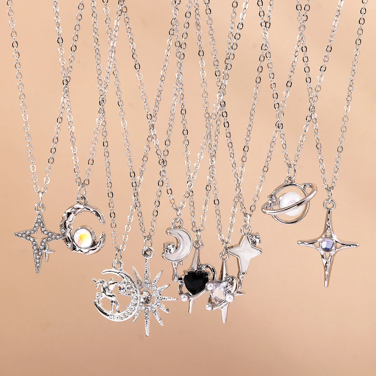 Y2K Silver Crystal Sun & Moon Necklace