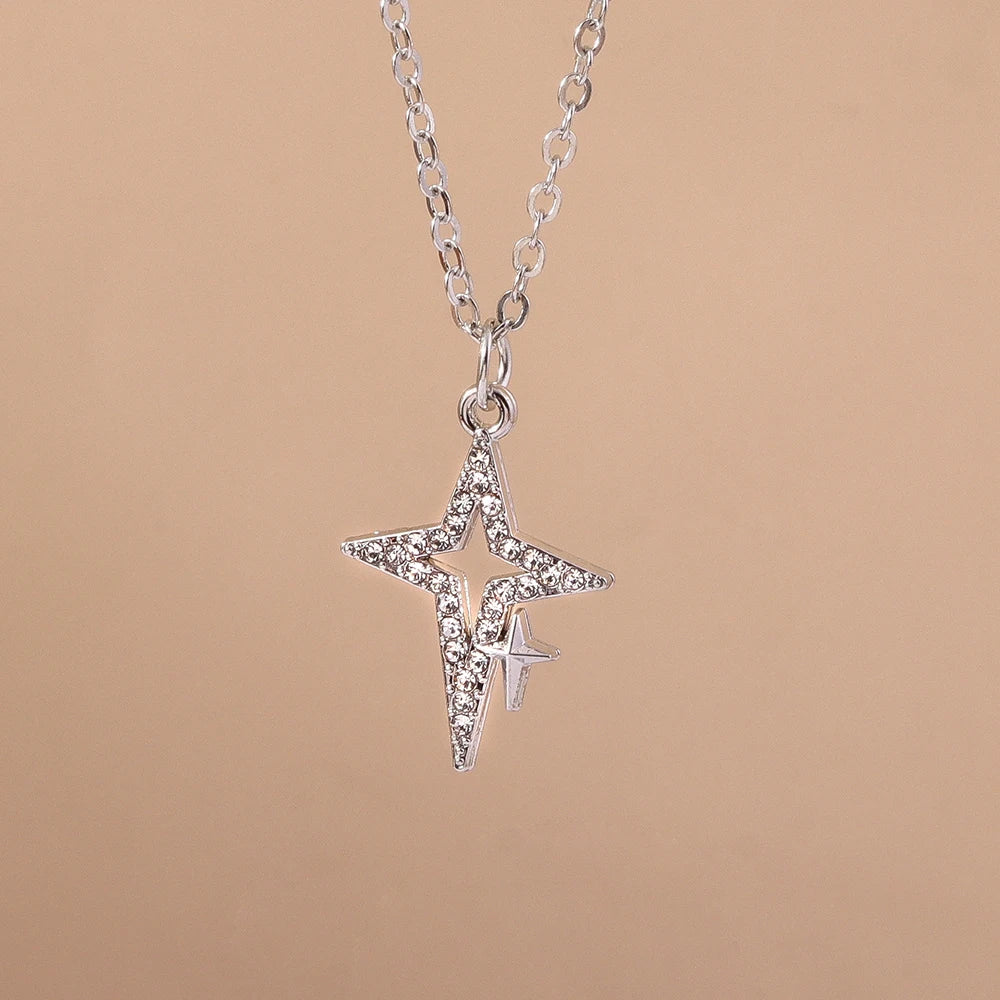 Y2K Silver Crystal Sun & Moon Necklace