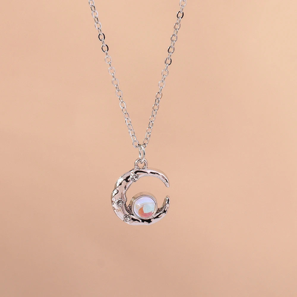 Y2K Silver Crystal Sun & Moon Necklace