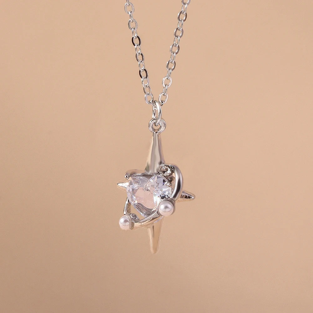 Y2K Silver Crystal Sun & Moon Necklace